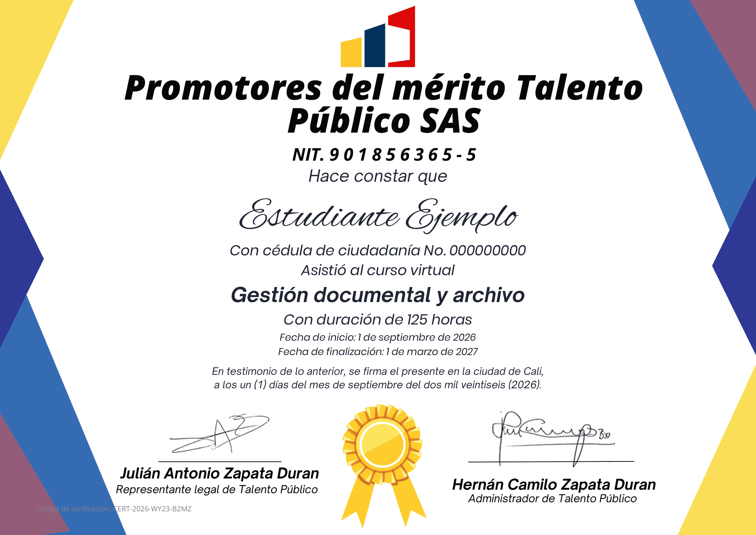 Ejemplo del certificado real de Talento Público, con diseño, firmas y código de verificación